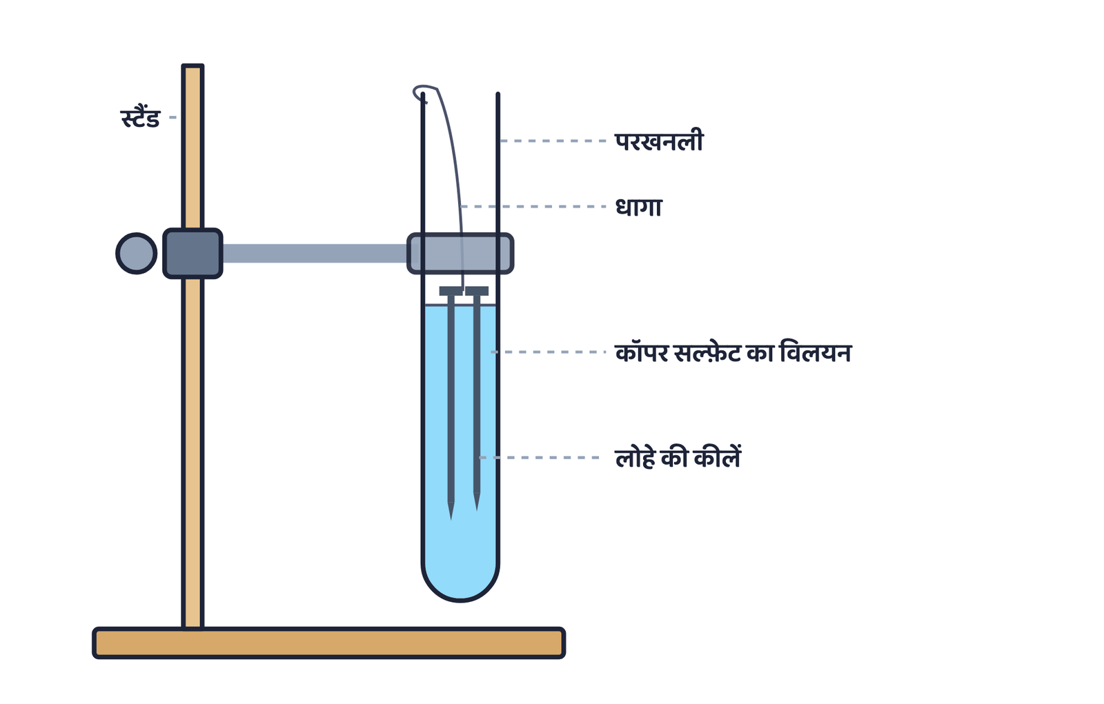 चित्र 4 धागे से बँधी लोहे की कीलें कॉपर सल्फ़ेट के विलयन में डूबी हुई (क्रियाकलाप 1.9, पुस्तक का चित्र 1.8 a)। लगभग 20 मिनट बाद कीलें भूरी हो जाती हैं और विलयन का नीला रंग फीका पड़ जाता है