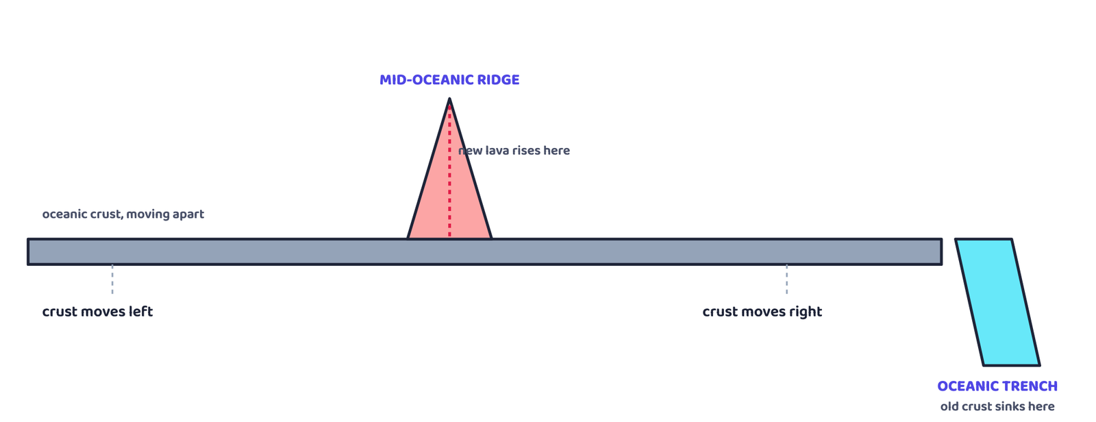 Figure 3: Schematic cross-section of sea floor spreading. New crust is born at the ridge crest and pushed outward; the oldest crust is eventually consumed at a trench, a process called subduction. A depth profile, not a picture of any coastline.