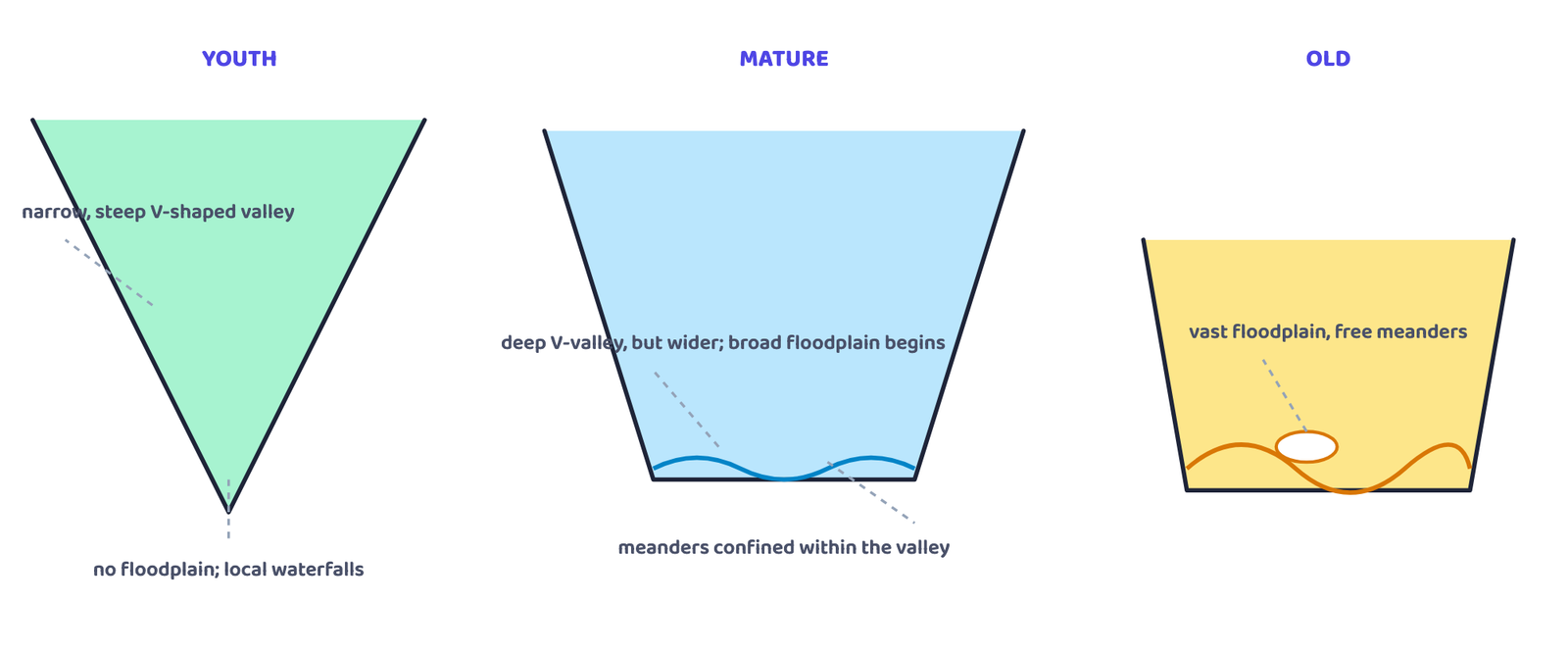 Figure 1: A river valley's cross-section changes shape as it ages: narrow and steep in youth, wide with a growing floodplain at maturity, and a vast, gently meandering floodplain with oxbow lakes in old age. Schematic profiles, not any real river.