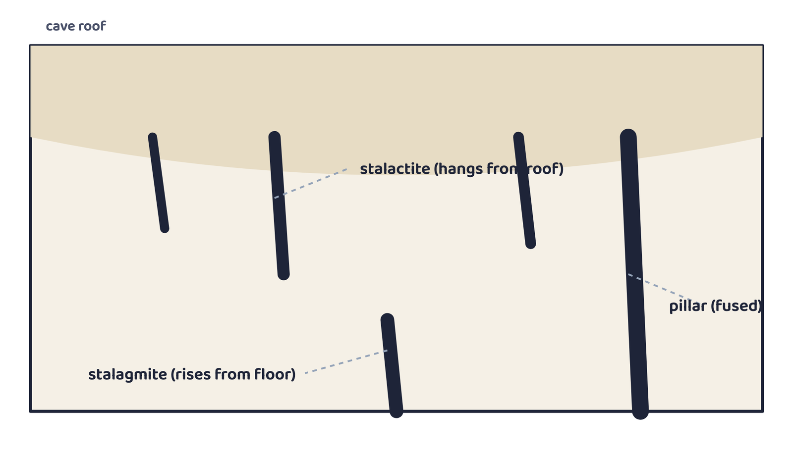 Figure 4: Stalactites hang from a cave roof, tapering to a point; stalagmites rise from the floor directly beneath the drip. Where the two eventually meet, they fuse into a pillar. A schematic cave cross-section.