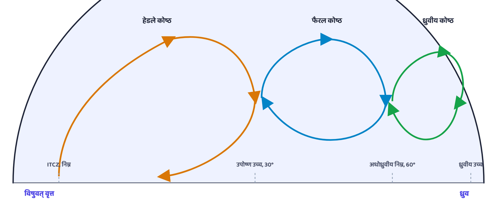 चित्र 3: वायुमंडल का सरलीकृत सामान्य परिसंचरण। हेडले, फैरल और ध्रुवीय, तीन कोष्ठ मिलकर एक गोलार्ध में विषुवत् वृत्त से ध्रुव तक ऊष्मा पहुँचाते हैं।