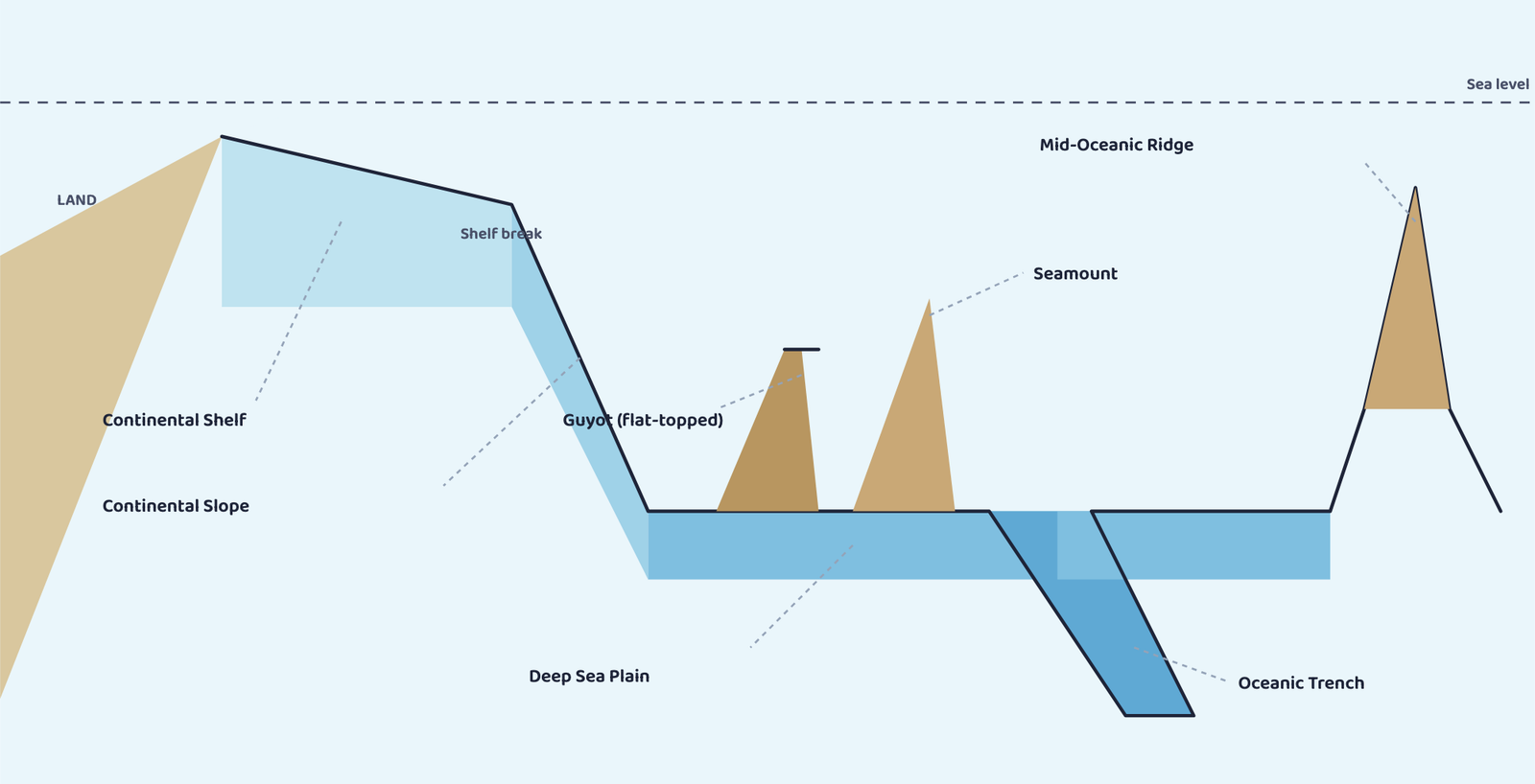 Figure 1: A schematic cross-section of the ocean floor (not to scale). The floor drops in stages from the coast: shelf, slope, deep plain, and the trench at its deepest, with a ridge and volcanic peaks rising from the plain.