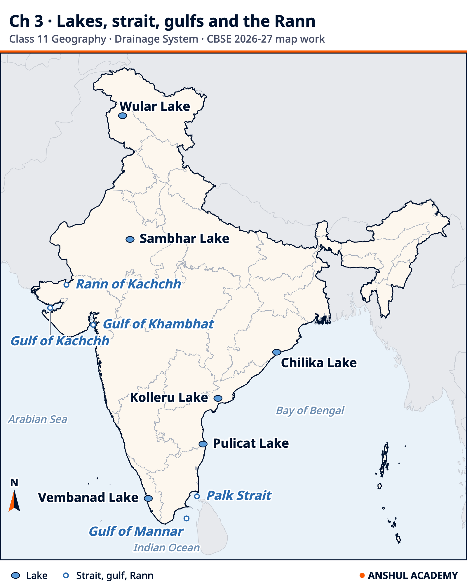 Outline of India marking Wular, Sambhar, Chilika, Kolleru, Pulicat and Vembanad lakes, the Palk Strait, the Gulf of Mannar, the Rann of Kachchh, the Gulf of Kachchh and the Gulf of Khambhat
