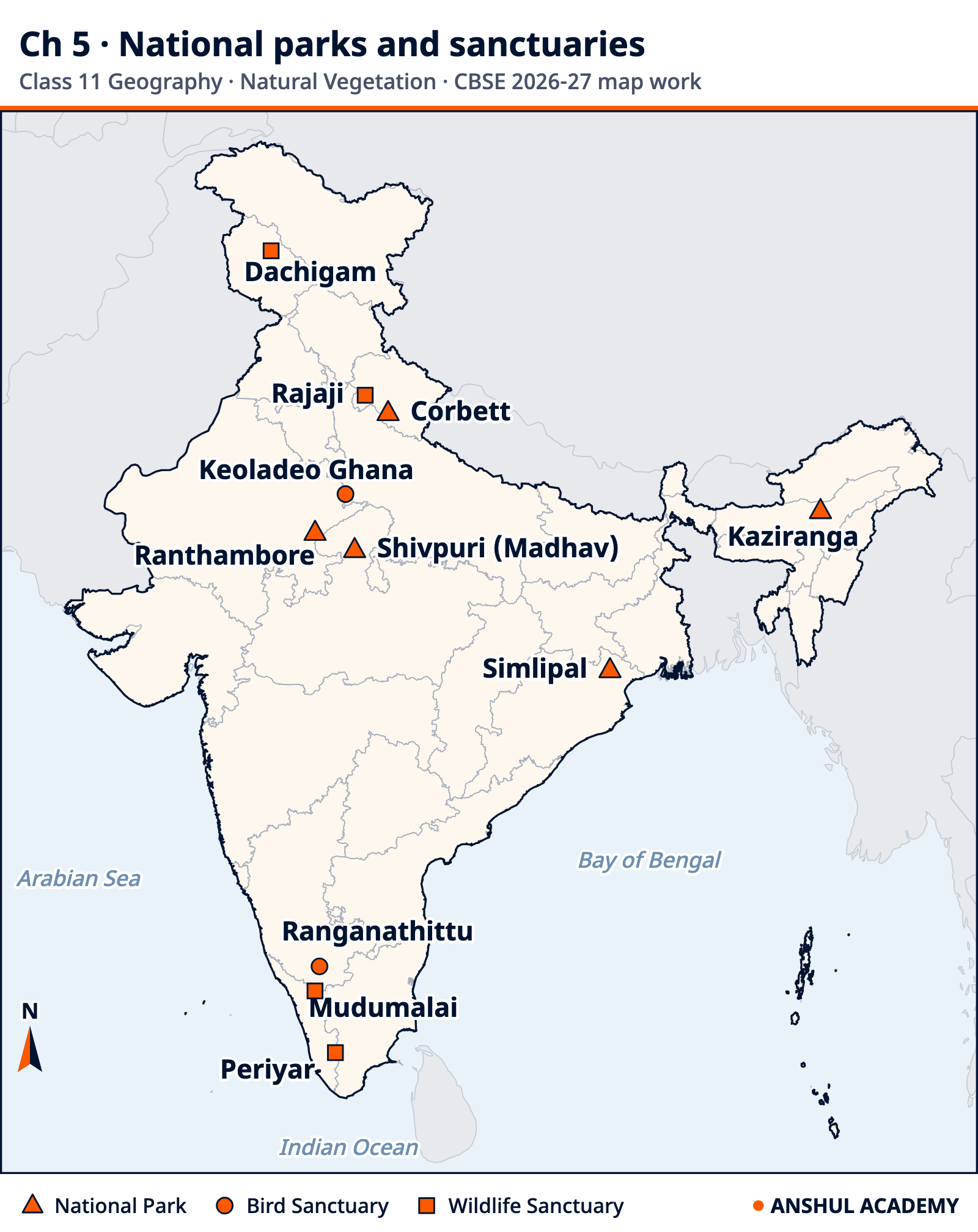 Outline of India marking the National Parks Corbett, Kaziranga, Ranthambore, Shivpuri (Madhav) and Simlipal, the Bird Sanctuaries Keoladeo Ghana and Ranganathittu, and the Wildlife Sanctuaries Periyar, Rajaji, Mudumalai and Dachigam