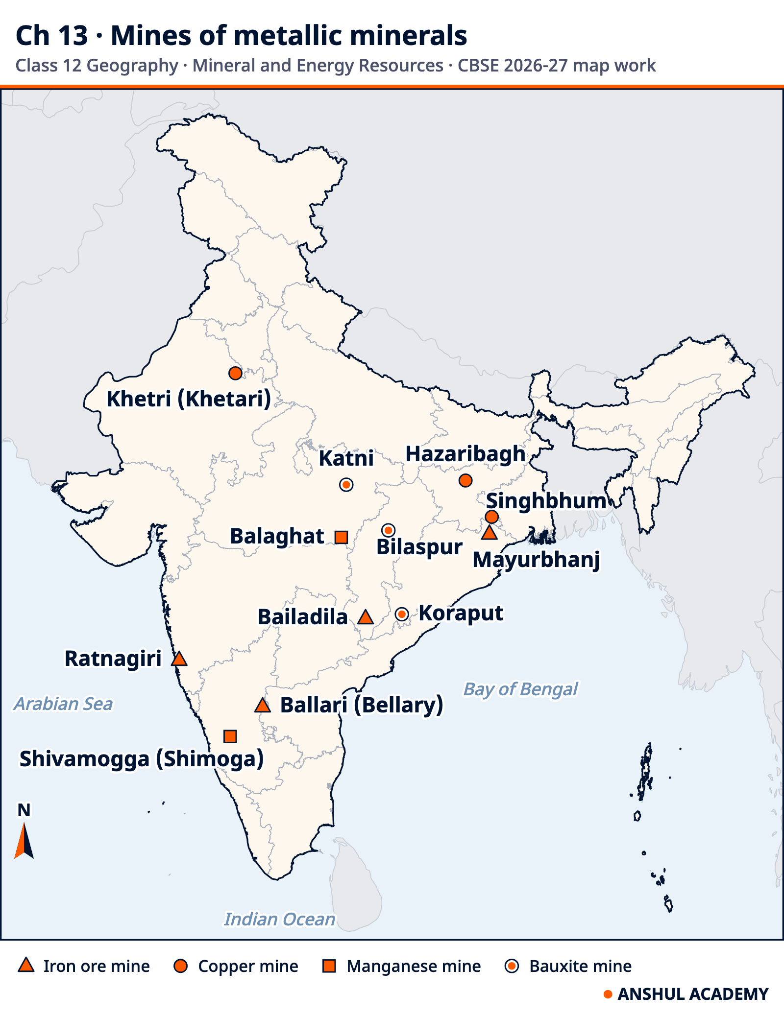 Map of India marking the CBSE 2026-27 mines: iron ore (Mayurbhanj, Bailadila, Ratnagiri, Ballari), manganese (Balaghat, Shivamogga), copper (Hazaribagh, Singhbhum, Khetri) and bauxite (Katni, Bilaspur, Koraput)