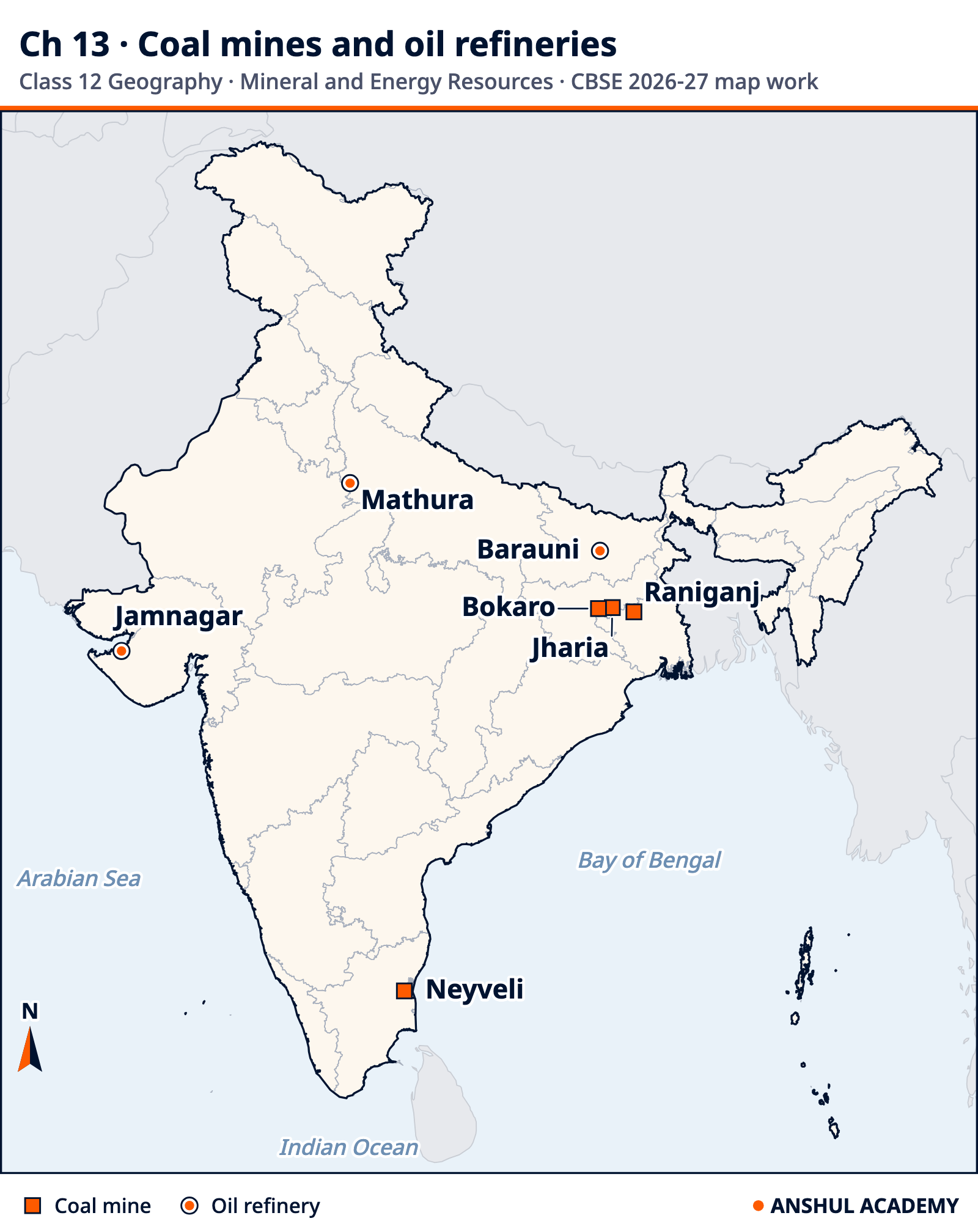 Map of India marking the CBSE 2026-27 coal mines (Jharia, Bokaro, Raniganj, Neyveli) and oil refineries (Mathura, Jamnagar, Barauni)