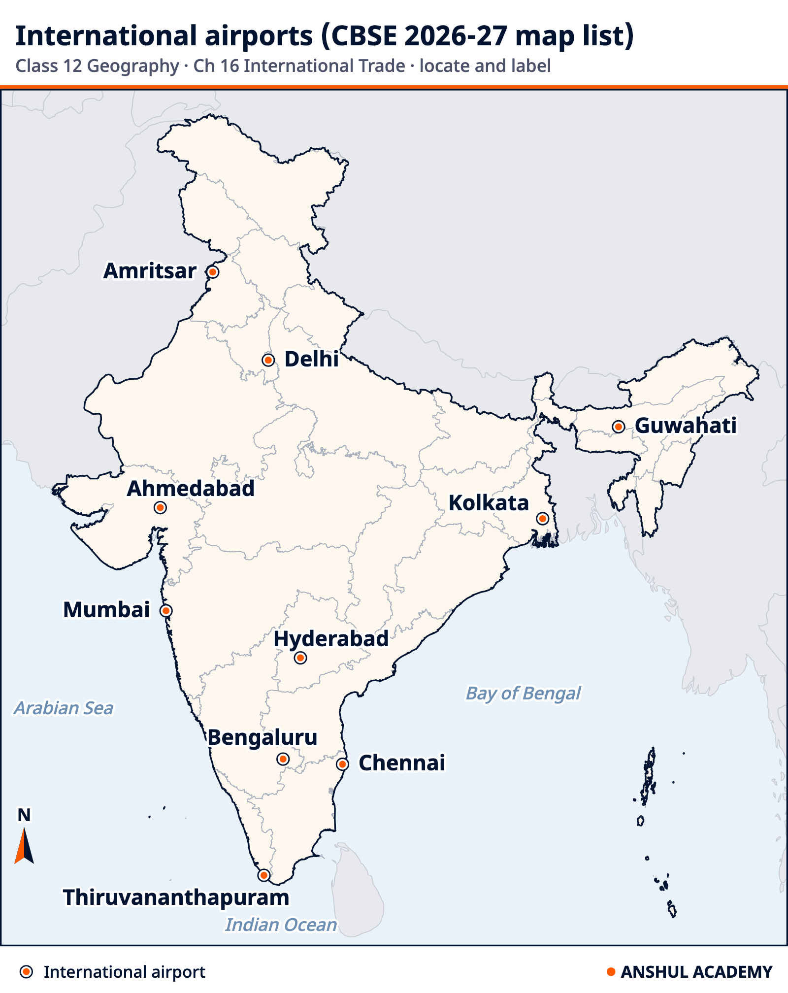 Map of India marking the 10 international airports in the CBSE 2026-27 map list: Ahmedabad, Mumbai, Bengaluru, Chennai, Kolkata, Guwahati, Delhi, Amritsar, Thiruvananthapuram and Hyderabad