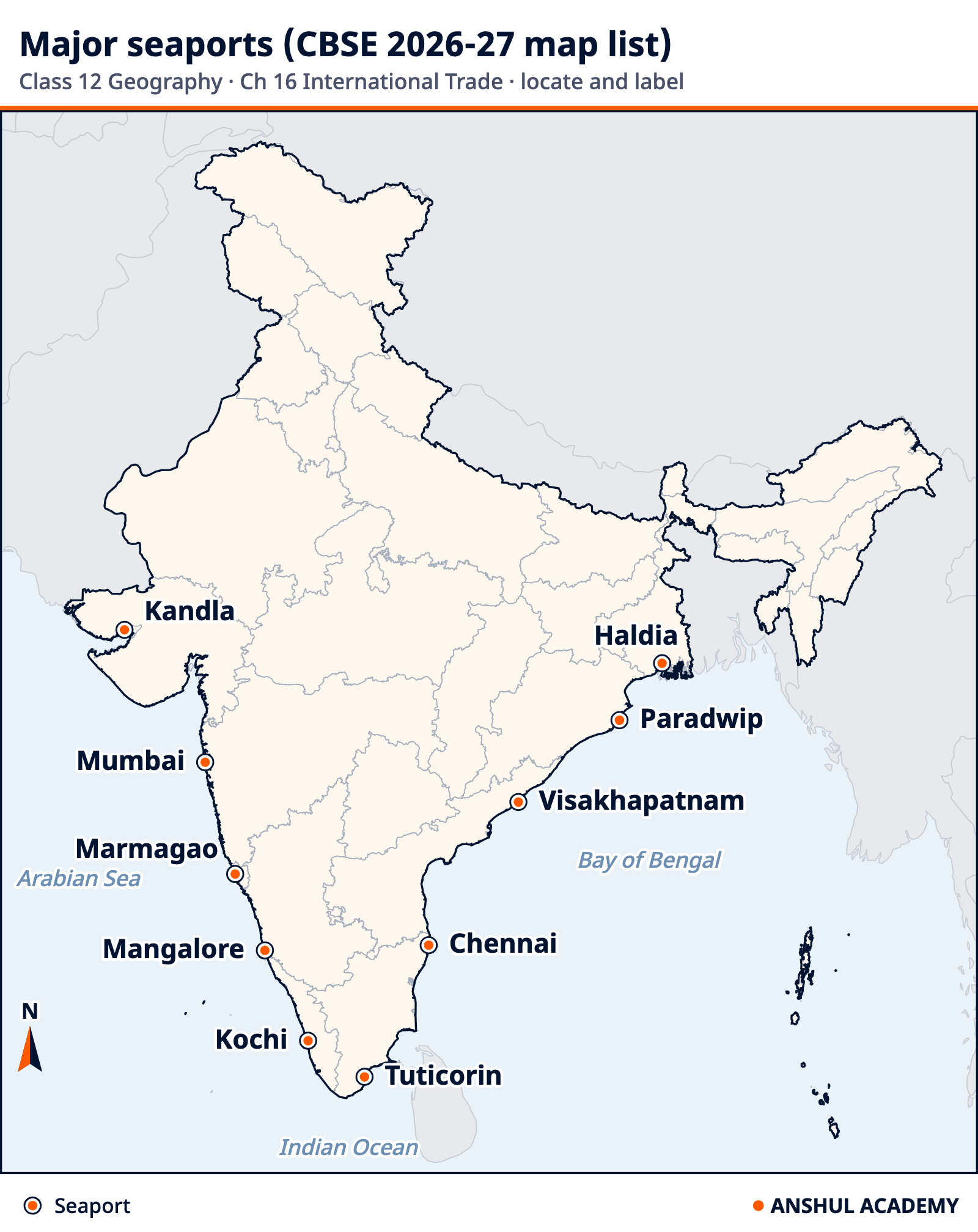 Map of India marking the 10 seaports in the CBSE 2026-27 map list: Kandla, Mumbai, Marmagao, Mangalore, Kochi, Tuticorin, Chennai, Visakhapatnam, Paradwip and Haldia