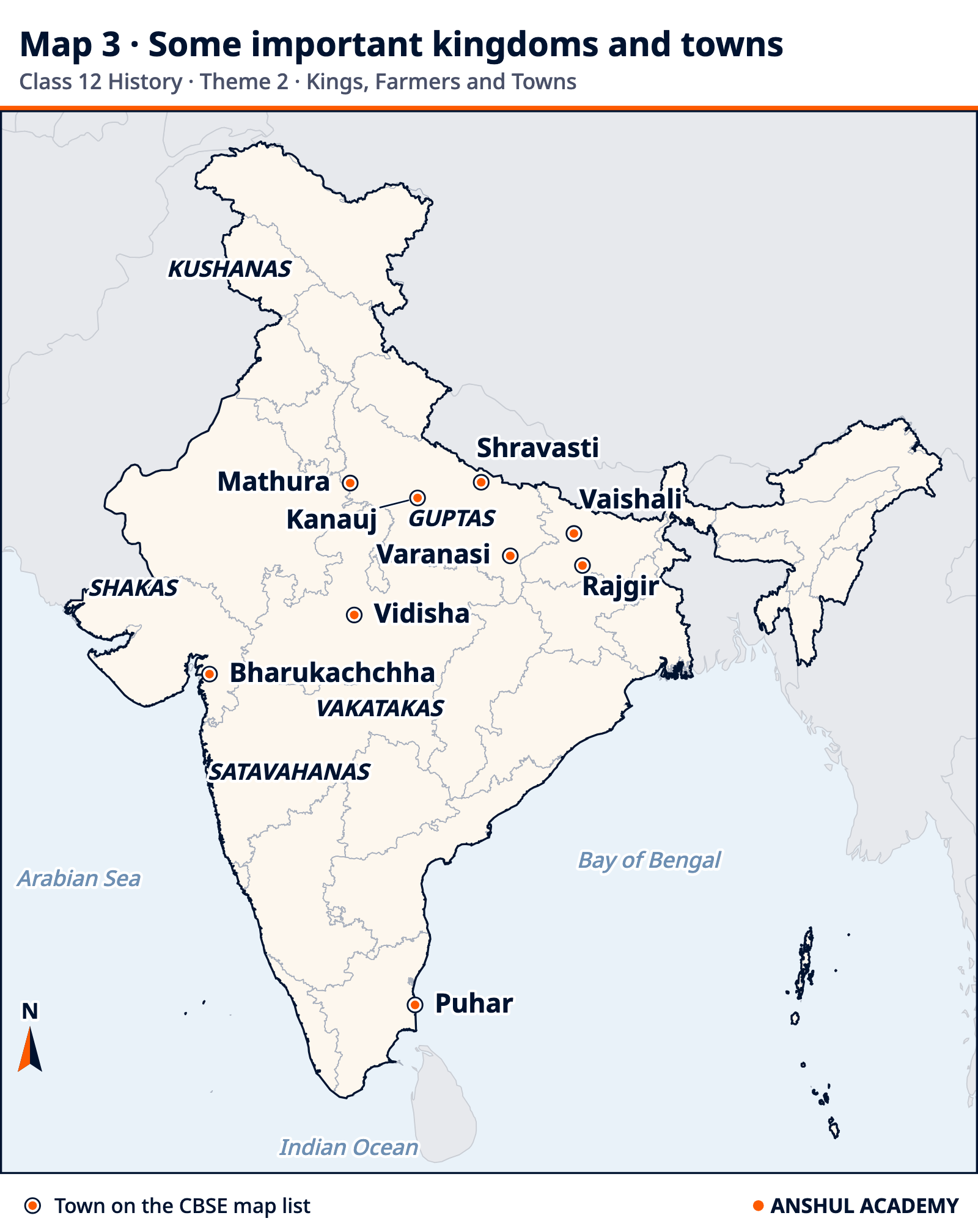Map of India marking the Kushanas, Shakas, Satavahanas, Vakatakas and Guptas and the towns Mathura, Kanauj, Shravasti, Varanasi, Vaishali, Rajgir, Vidisha, Bharukachchha and Puhar