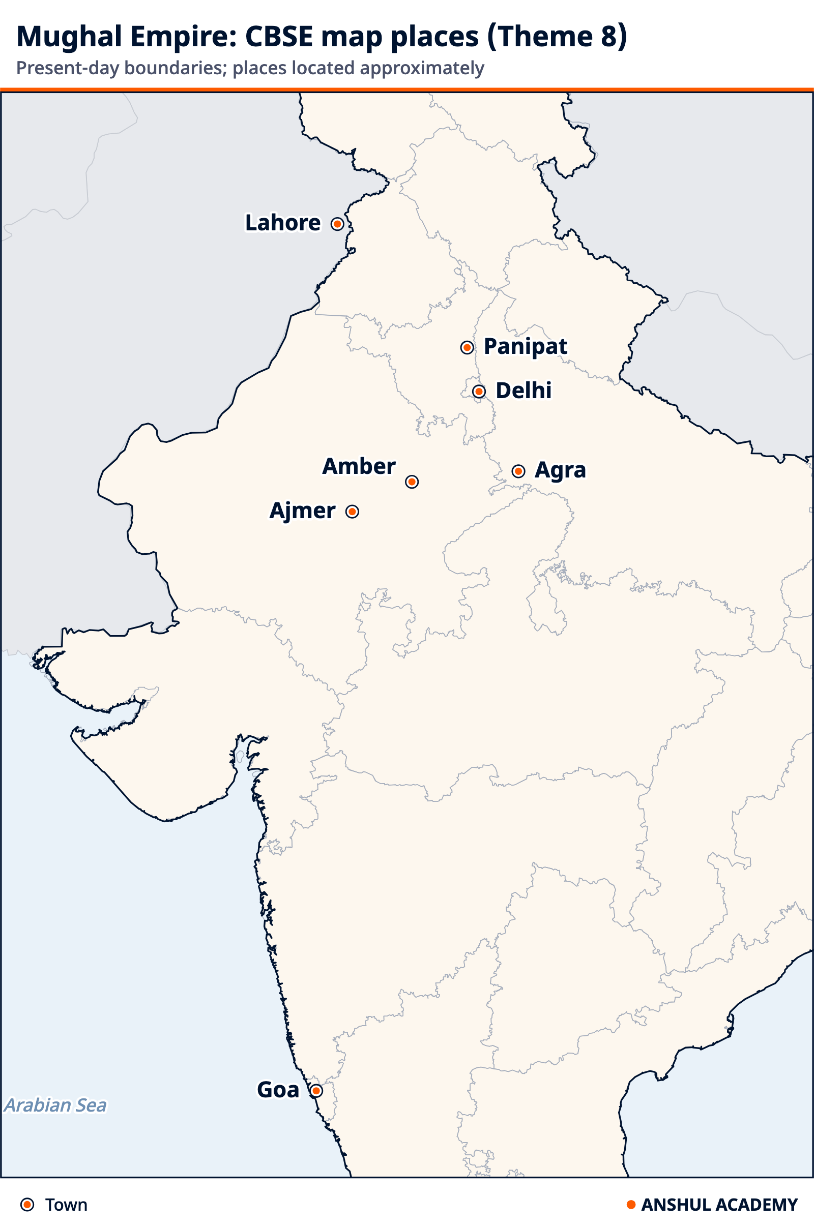Map of north and west India marking Delhi, Agra, Panipat, Amber, Ajmer, Lahore and Goa