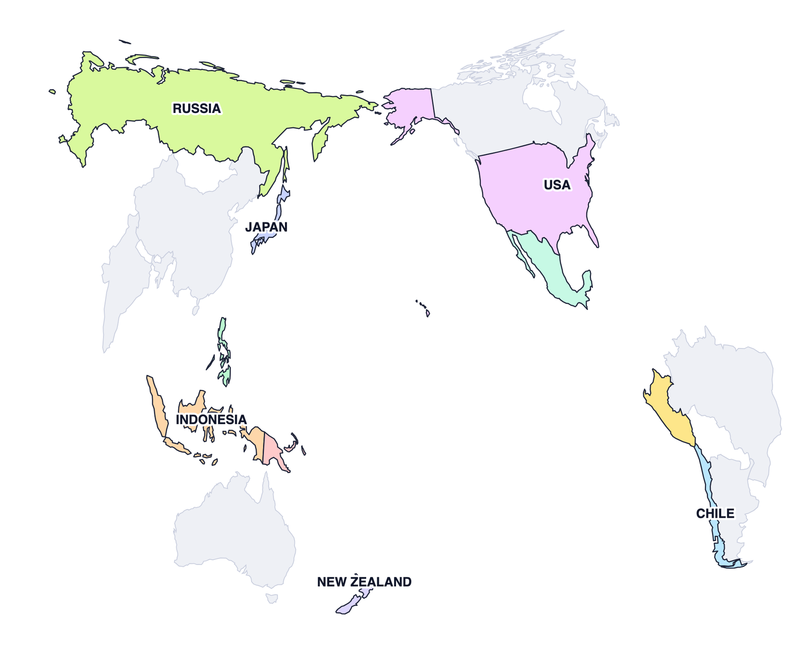 Figure 3. Countries lying along the Pacific "Ring of Fire", where most of the world's earthquakes and volcanoes occur