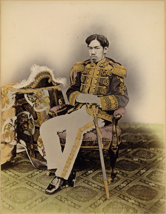 Figure 2 : Emperor Meiji in 1873, photographed by Uchida Kuichi in the only sitting the Imperial Household Agency ever permitted. Copies of this portrait were sent to foreign heads of state and to schools across Japan.