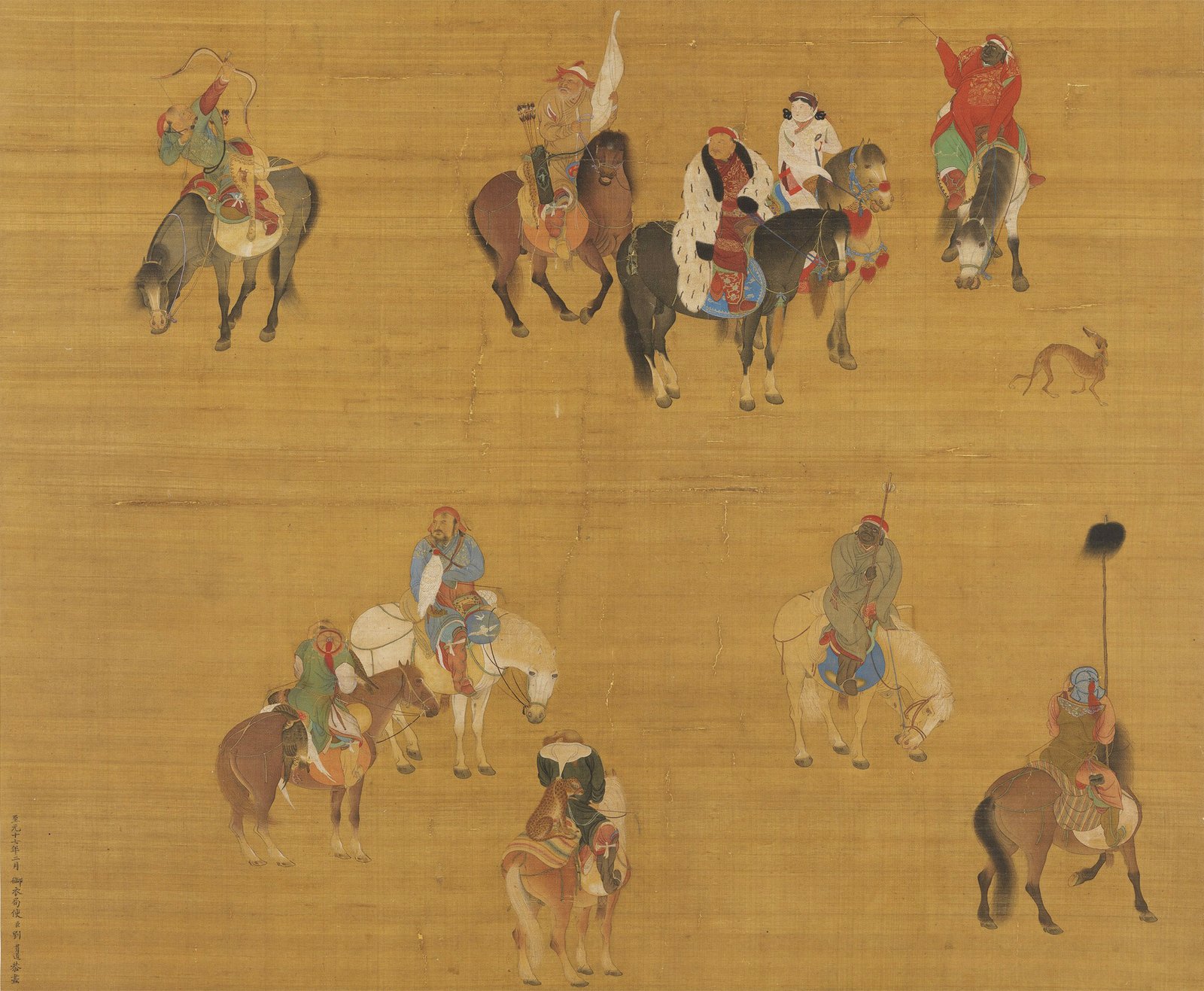 चित्र 3 : कुबलई खान एक शिकार-अभियान पर, युआन दरबार के चित्रकार लिउ गुआनदाओ द्वारा 1280 में बनाई गई पेंटिंग। कुबलई खान, चंगेज़ खान का पौत्र, बाद में ख़ुद को किसानों और नगरों का विनाशक नहीं, बल्कि रक्षक बताता था। चित्र: Wikimedia Commons / सार्वजनिक डोमेन।