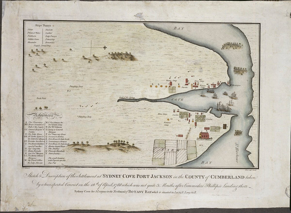 चित्र 6 : सिडनी कोव, पोर्ट जैकसन, 1788, उसी वर्ष स्थापित बस्ती का समकालीन हाथ से रंगा हुआ उत्कीर्ण चित्र, जिसका श्रेय फ्रांसिस फॉक्स को दिया जाता है।