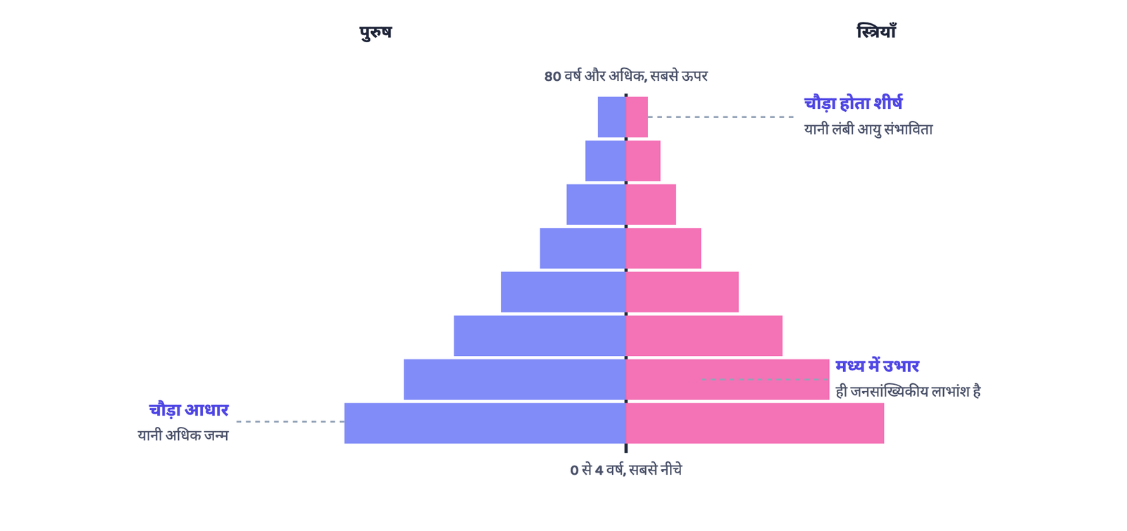 आरेख 3 (हमारा रेखाचित्र, पाठ्य-पुस्तक का चार्ट नहीं): जनसंख्या पिरामिड कैसे बनता है: पुरुष बाईं ओर, स्त्रियाँ दाईं ओर, आधार जितना चौड़ा उतने अधिक जन्म, शीर्ष जितना चौड़ा उतनी लंबी आयु संभाविता।