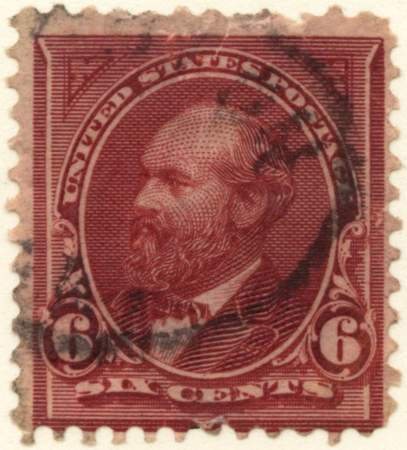 The exact stamp the story describes: the 1894-series, six-cent, dull-brown United States postage stamp depicting President James Garfield, used on the first-day cover Charley finds. R. A. Nonenmacher / Wikimedia Commons / Public Domain (a US Government-issued stamp).